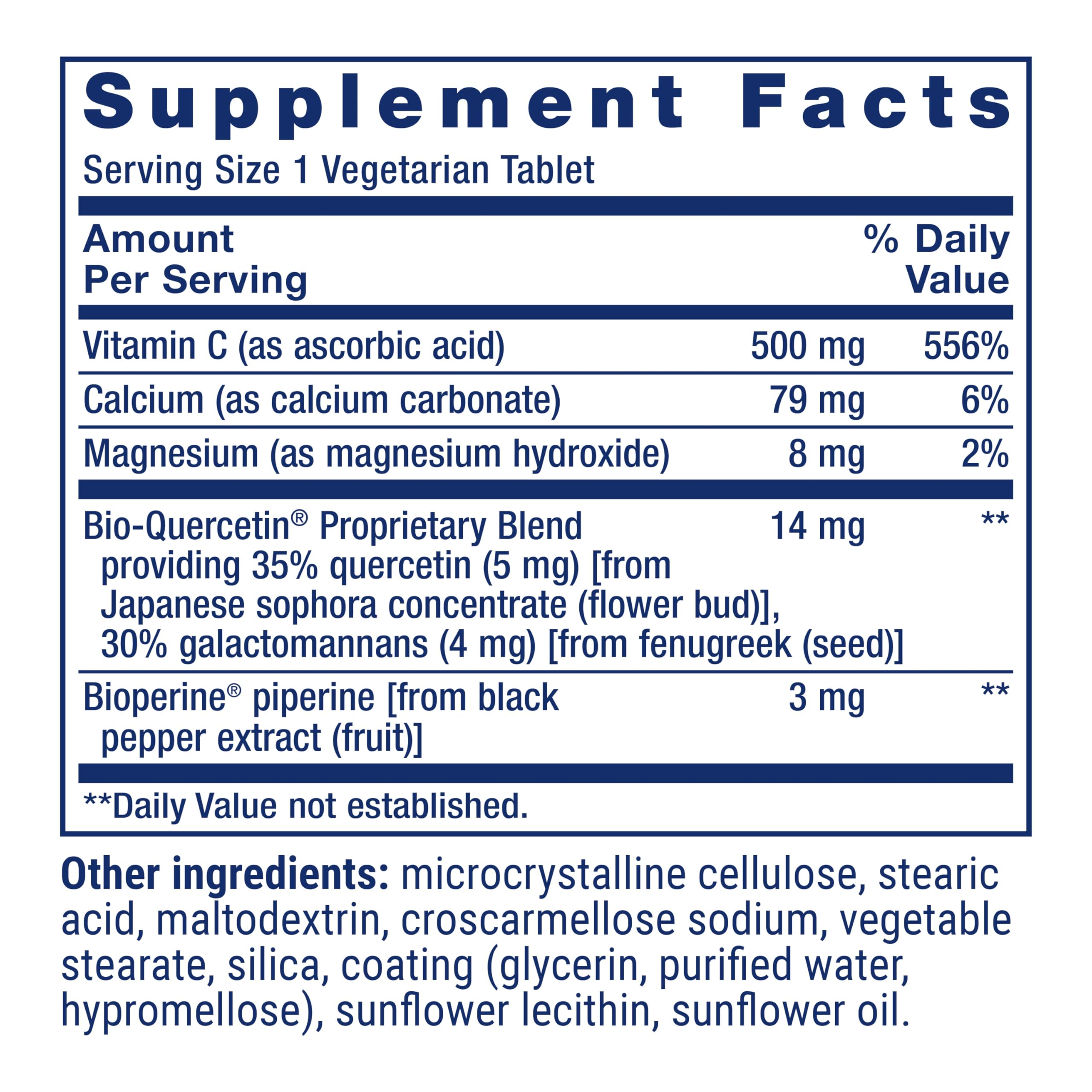 Etiqueta de Fast-C® y Bio-Quercetin® destaca la dosificación y componentes clave.