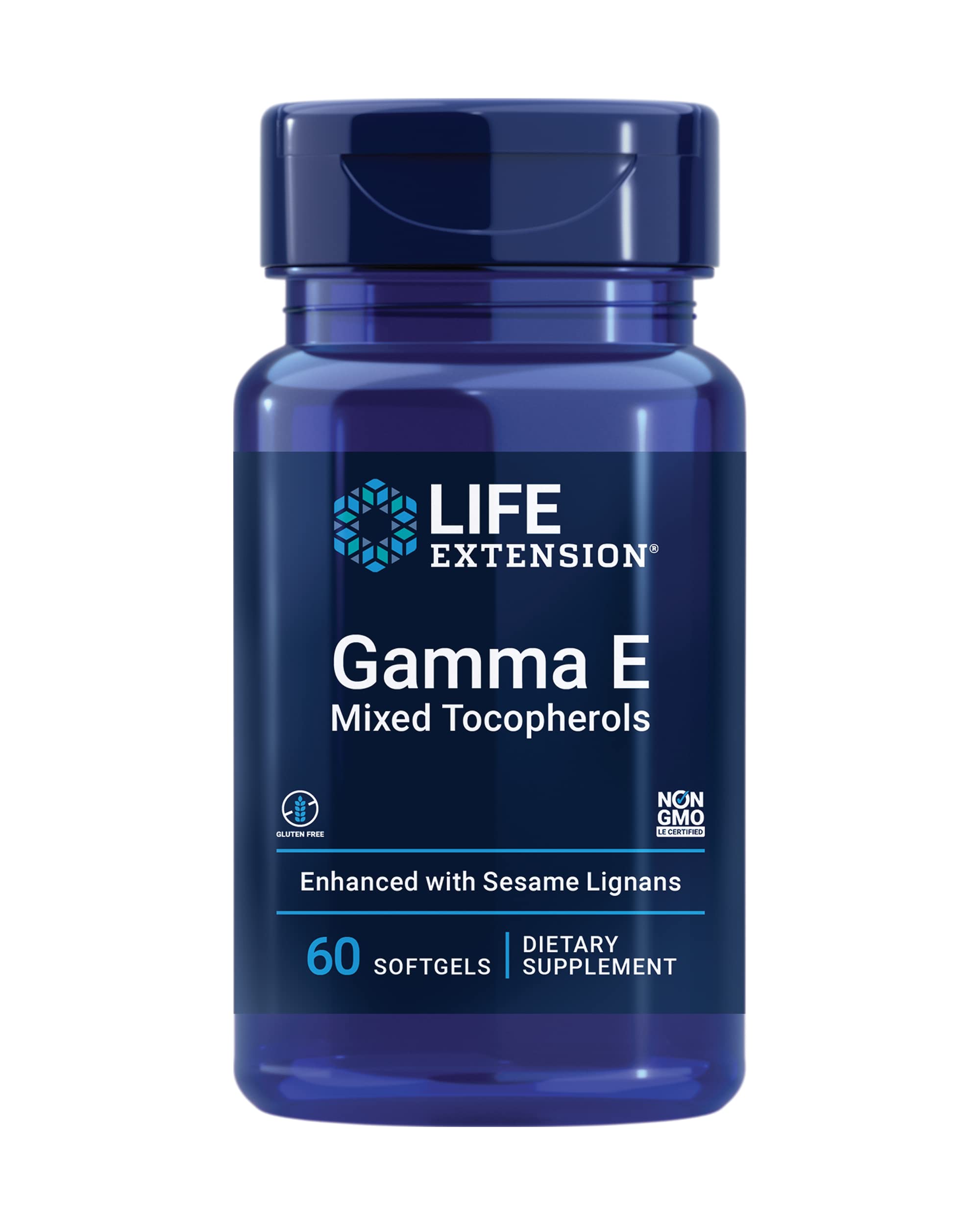 Life Extension Gamma E: botella con mezcla de tocoferoles para apoyo antioxidante potencial.