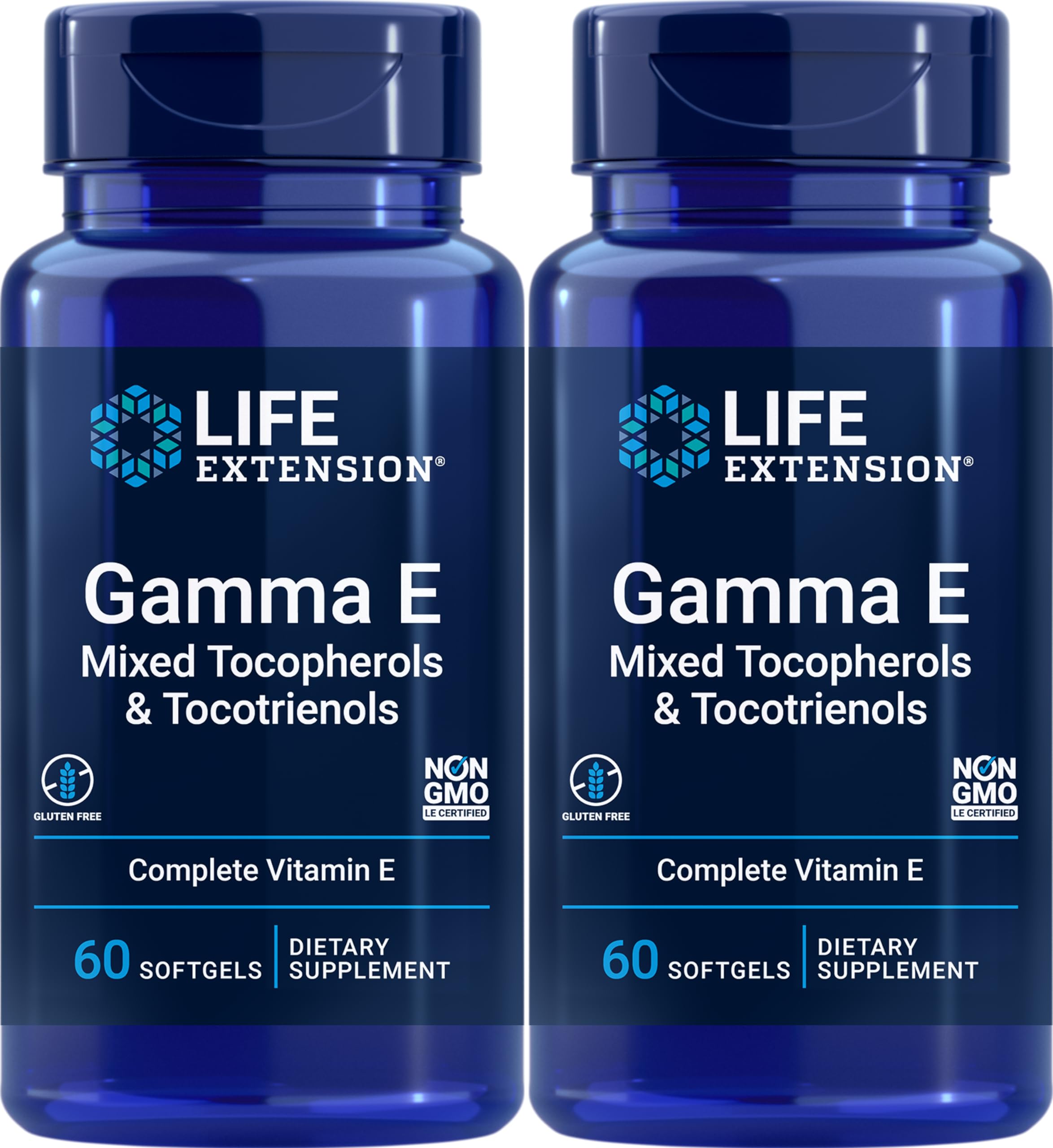 Life Extension Gamma E: etiqueta y frasco de cápsulas para apoyo antioxidante diario