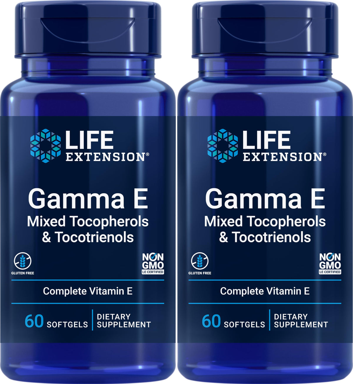 Life Extension Gamma E: etiqueta y frasco de cápsulas para apoyo antioxidante diario