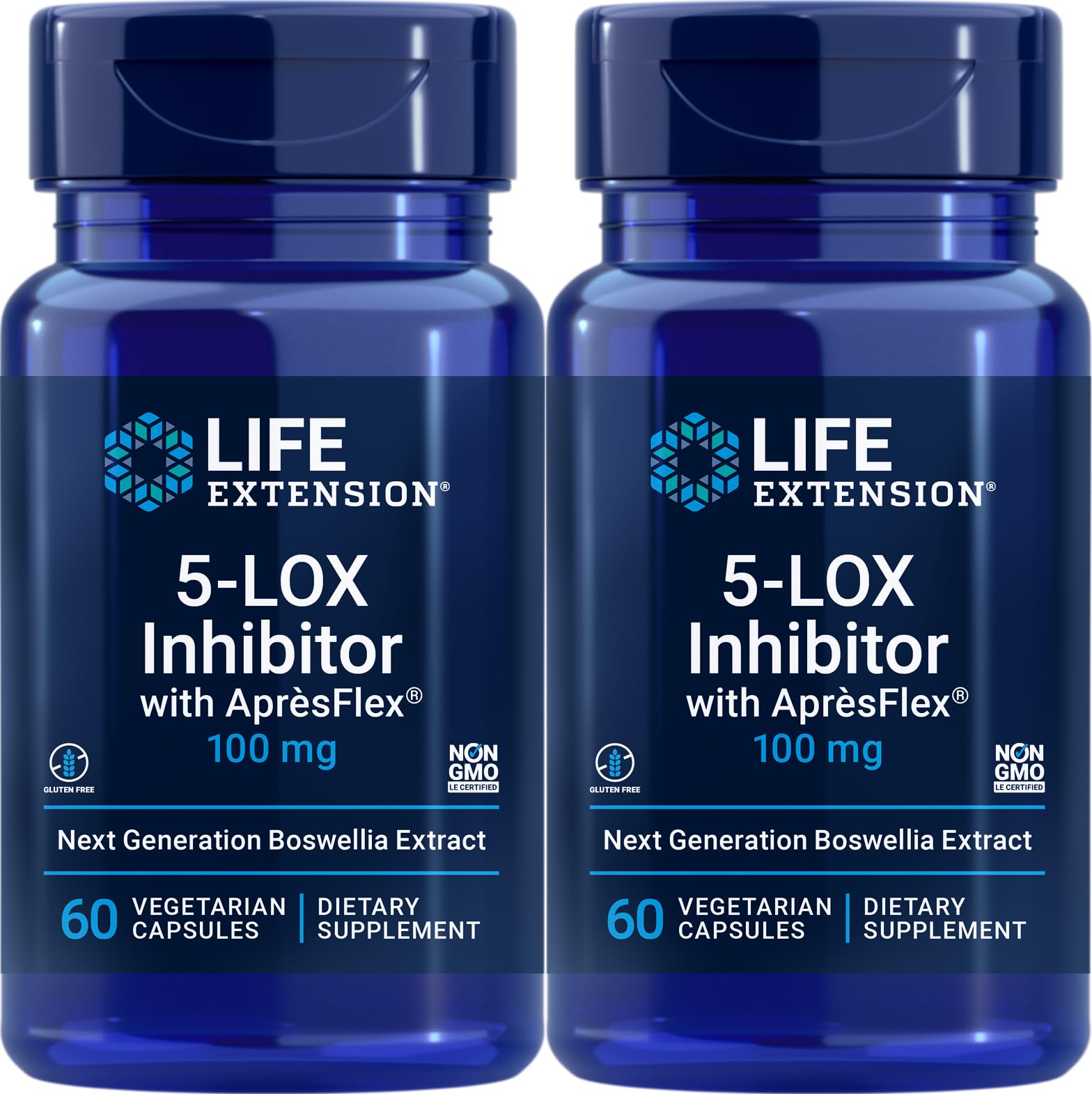 Life Extension 5-LOX Inhibitor con ApresFlex frente de la botella para movilidad diaria.