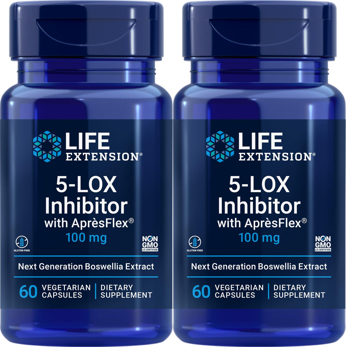 Life Extension 5-LOX Inhibitor con ApresFlex frente de la botella para movilidad diaria.