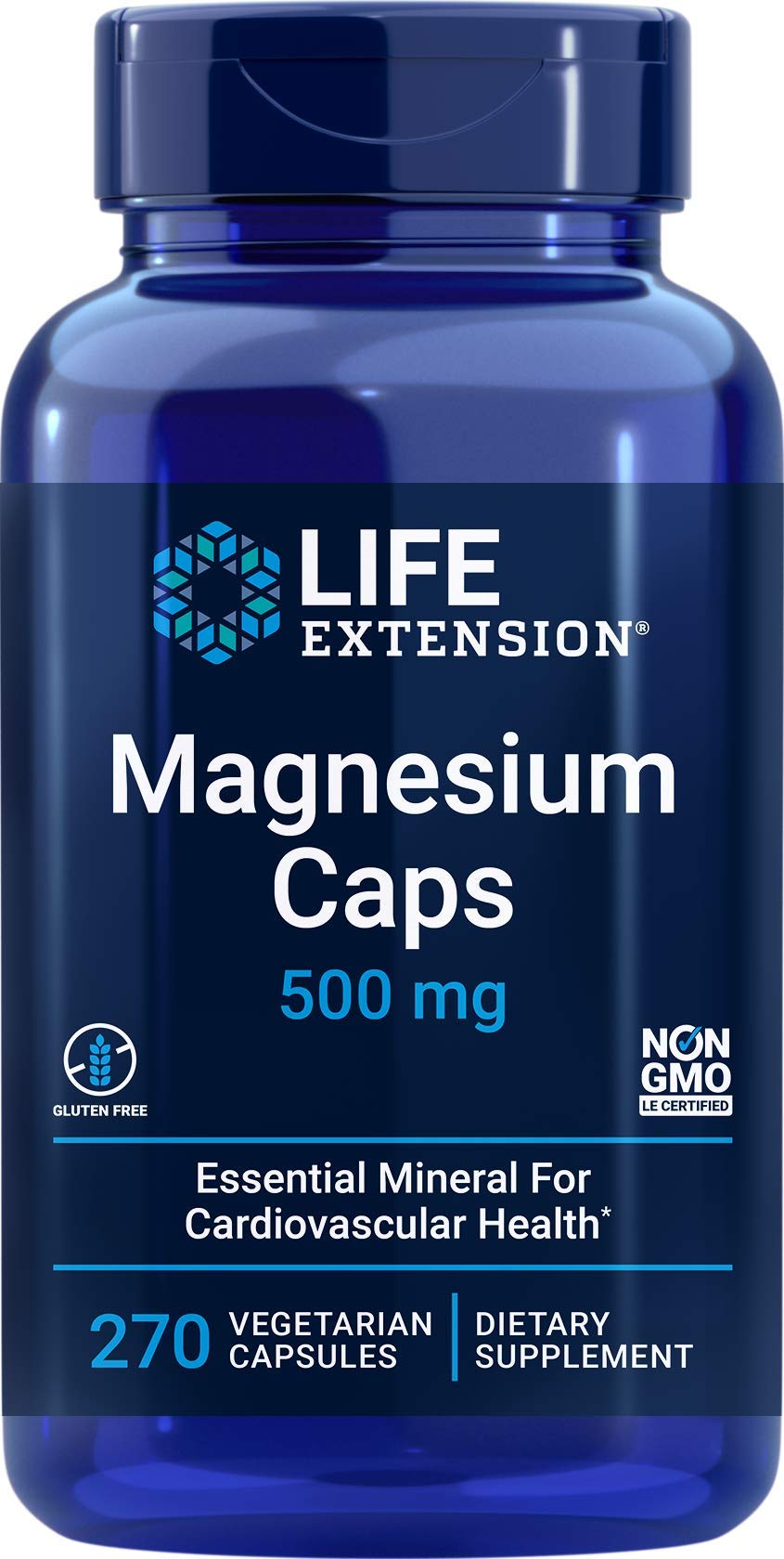 Life Extension Magnesium Caps 500 mg en botella: uso diario para bienestar general.