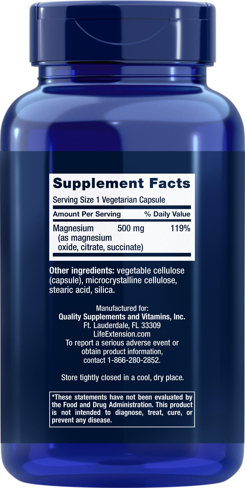 Etiqueta de Life Extension Magnesium Caps: dosis recomendada para consumo vegetariano.