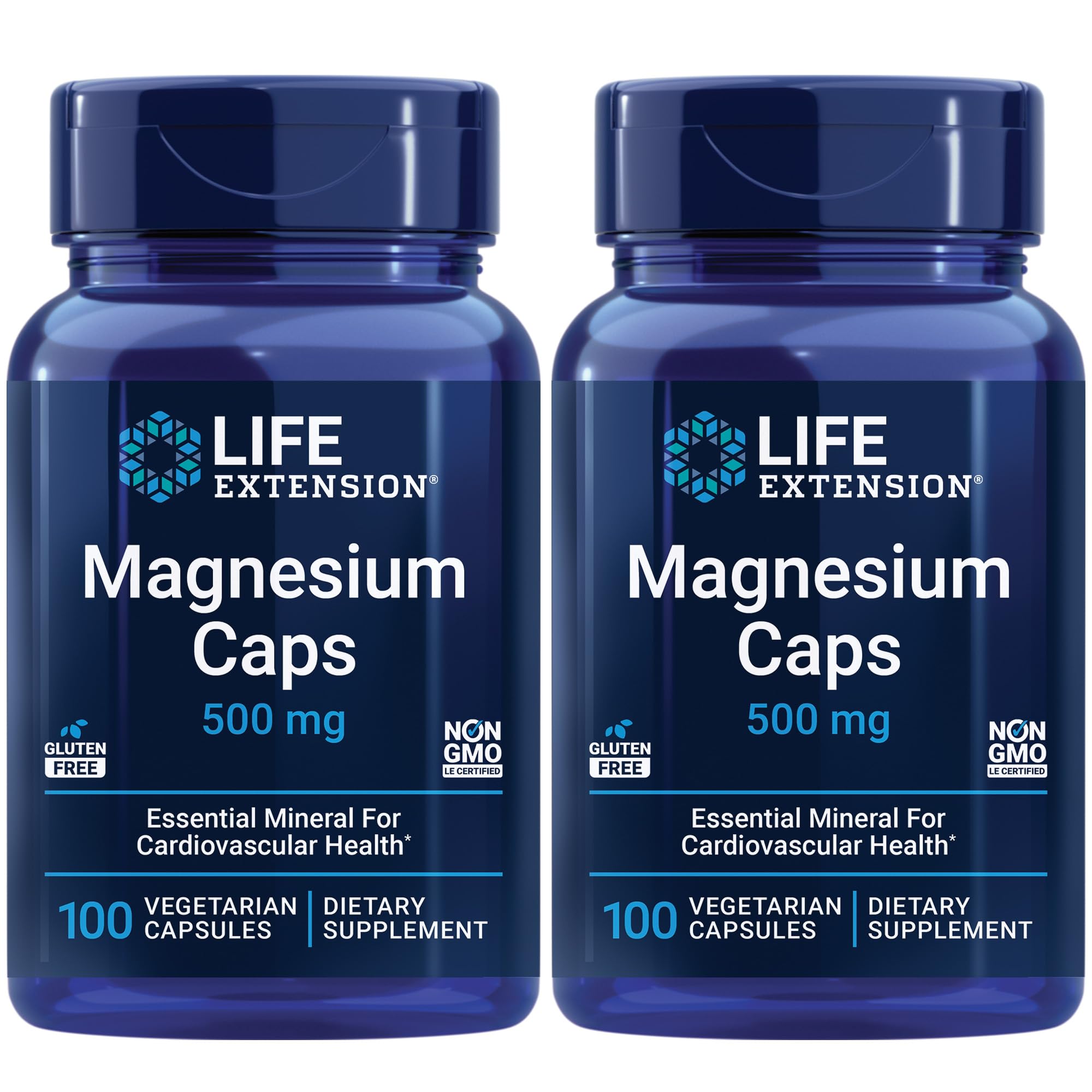 Life Extension Magnesium Caps: botella de cápsulas vegetarianas para apoyo general de salud.