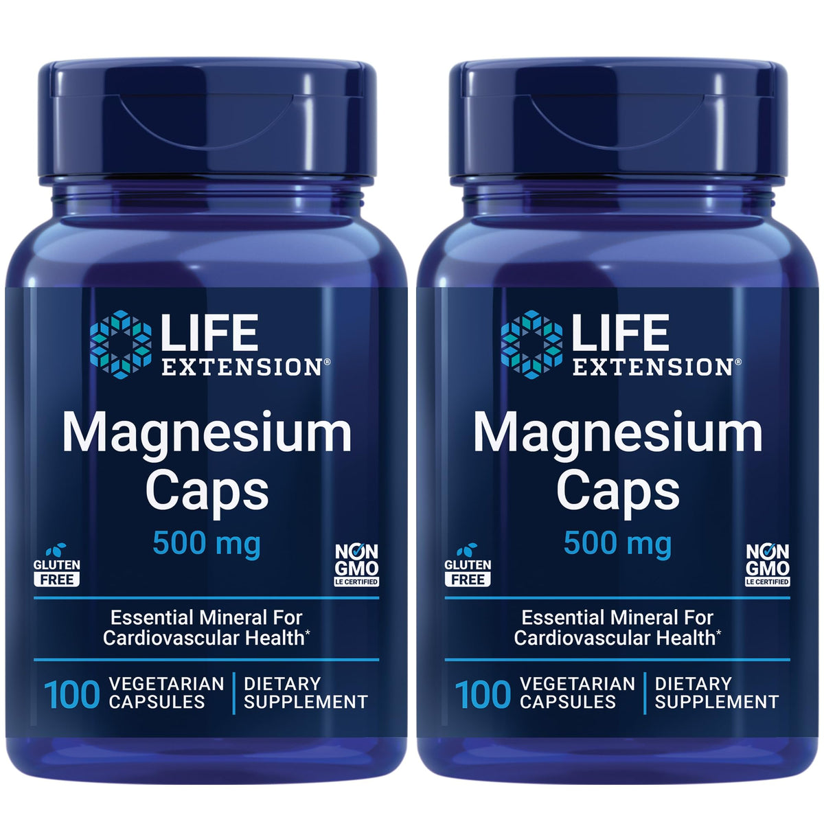 Life Extension Magnesium Caps: botella de cápsulas vegetarianas para apoyo general de salud.
