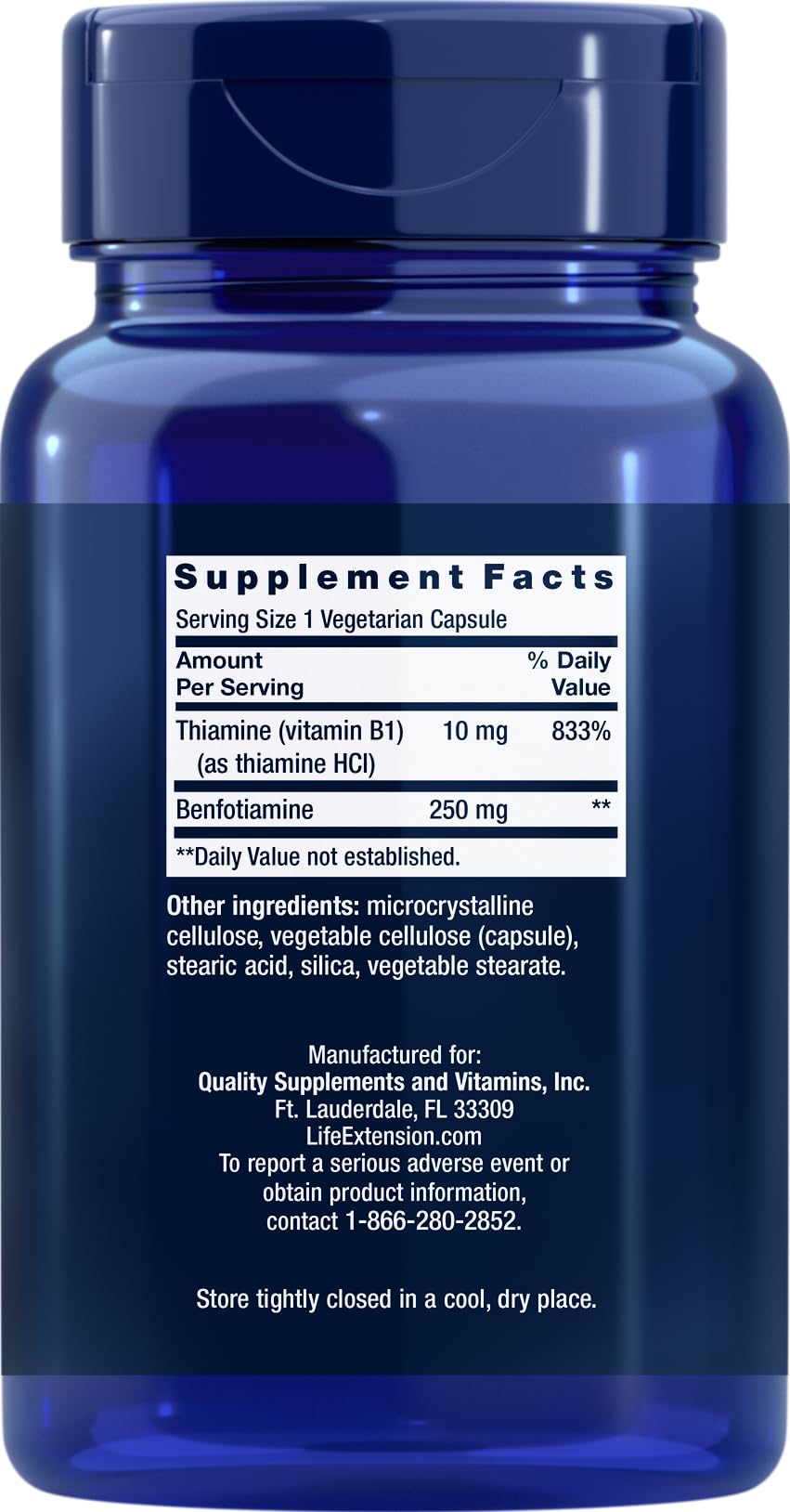 Botella frontal de Life Extension Mega Benfotiamine, fácil de identificar y comprar.