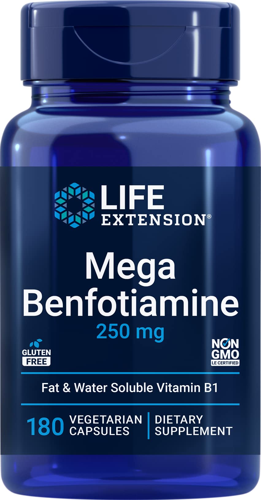 Life Extension Mega Benfotiamine etiqueta clara para confianza e información.