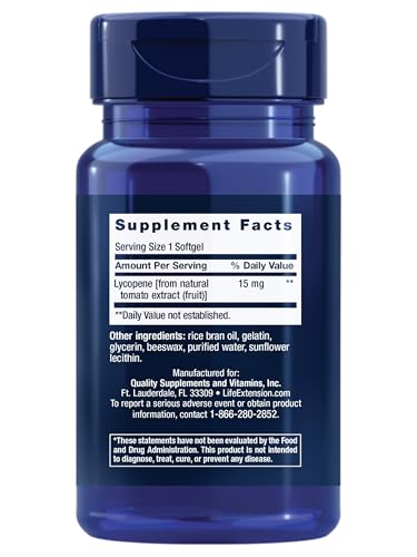 Life Extension Mega Lycopene, botella trasera, etiqueta con ingredientes sin gluten y no transgénicos