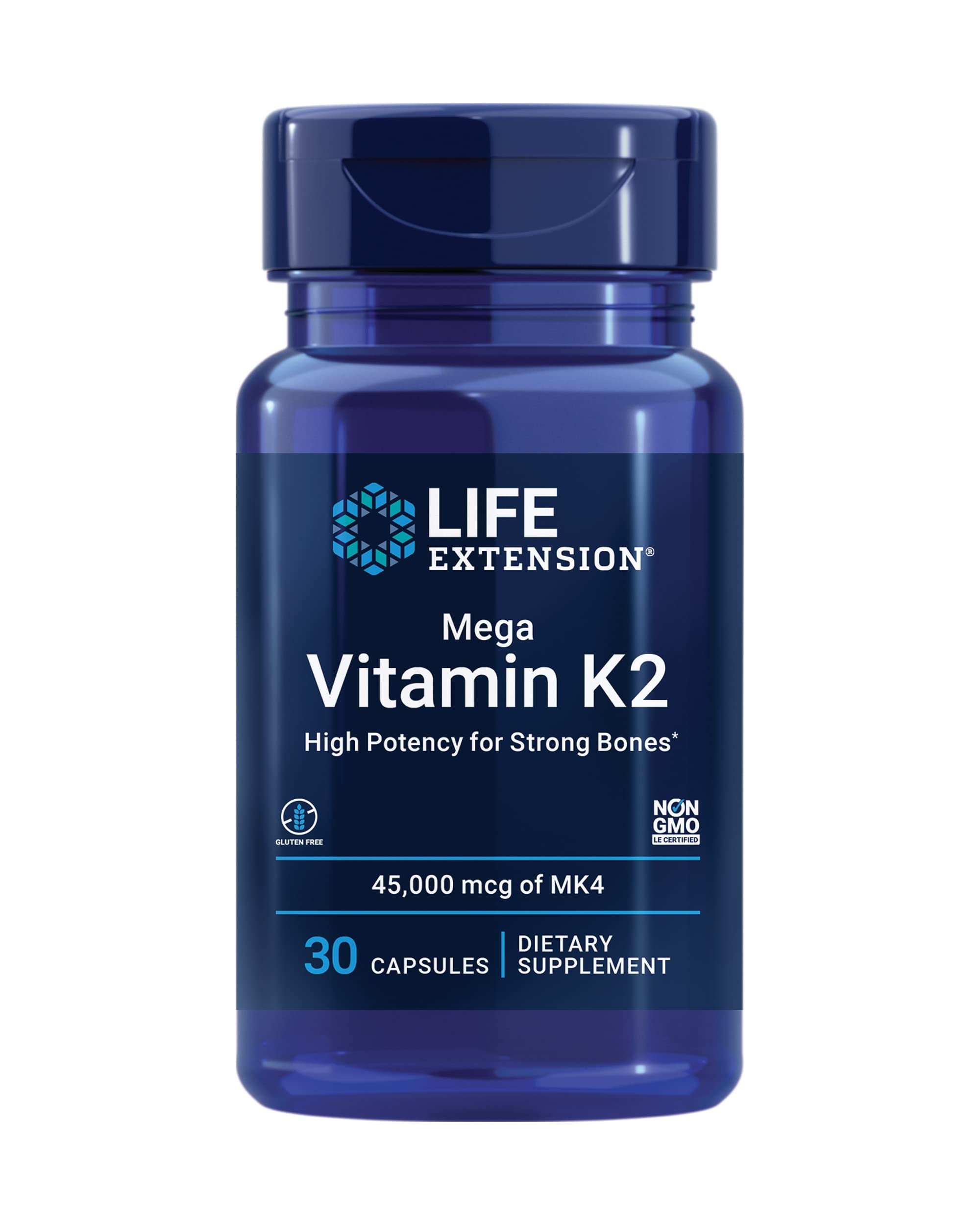 Life Extension Mega Vitamina K2 en botella para soporte de estructura ósea.
