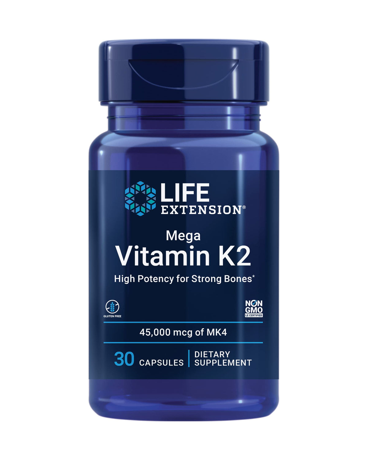 Life Extension Mega Vitamina K2 en botella para soporte de estructura ósea.