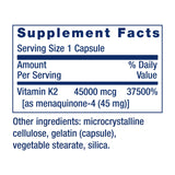 Cápsulas Life Extension Mega Vitamina K2 muestran dosis de 45 mg para densidad ósea.