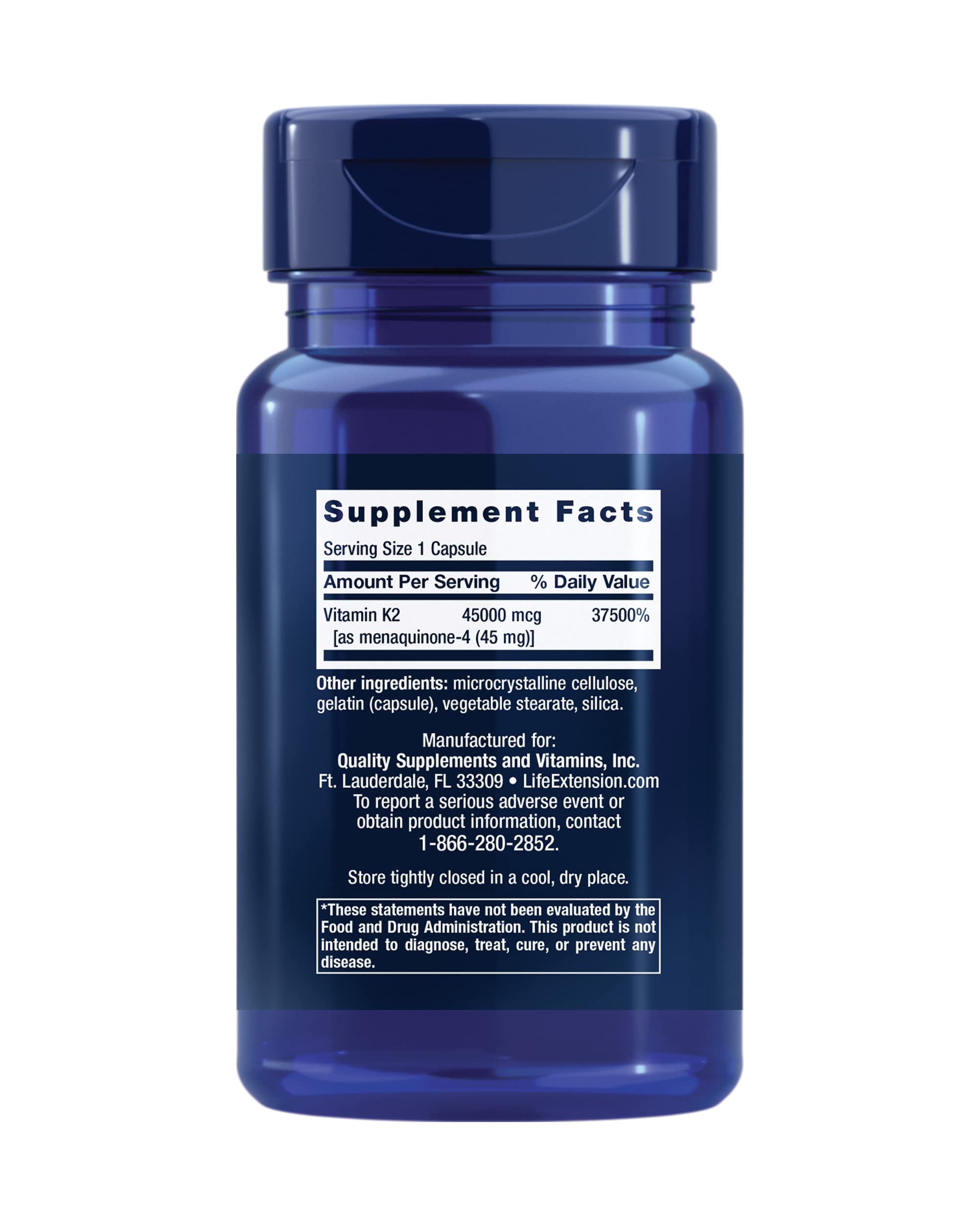 Tapa de Life Extension Mega Vitamina K2 y cápsulas para uso diario.