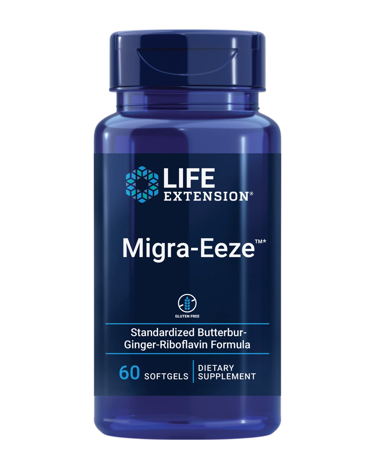 Migra-Eeze de Life Extension, botella frontal; uso diario para posible comodidad de la cabeza