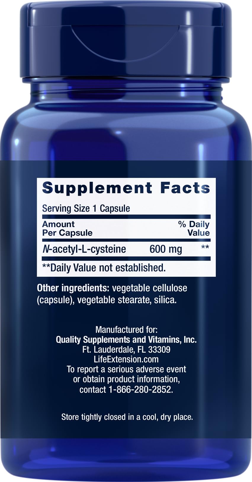 Etiqueta frontal de Life Extension NAC 600 mg destacando antioxidantes.