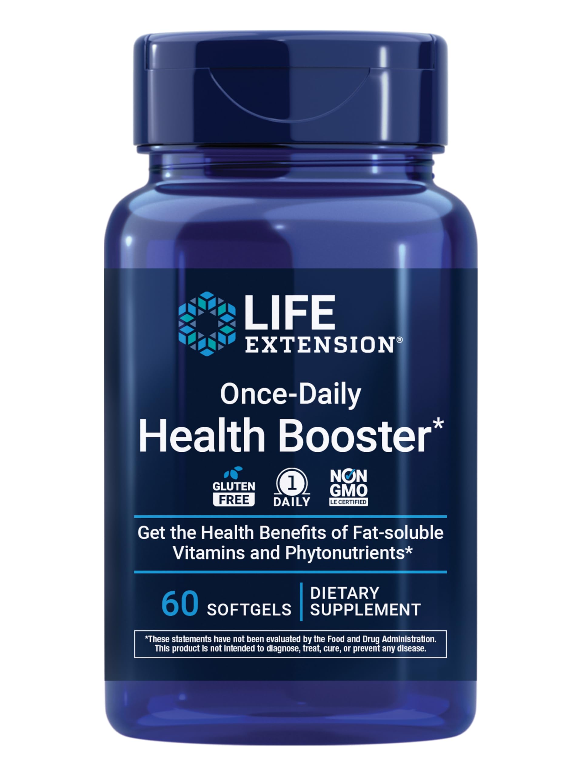 Life Extension Once-Daily Health Booster, botella visible para apoyo nutricional diario.