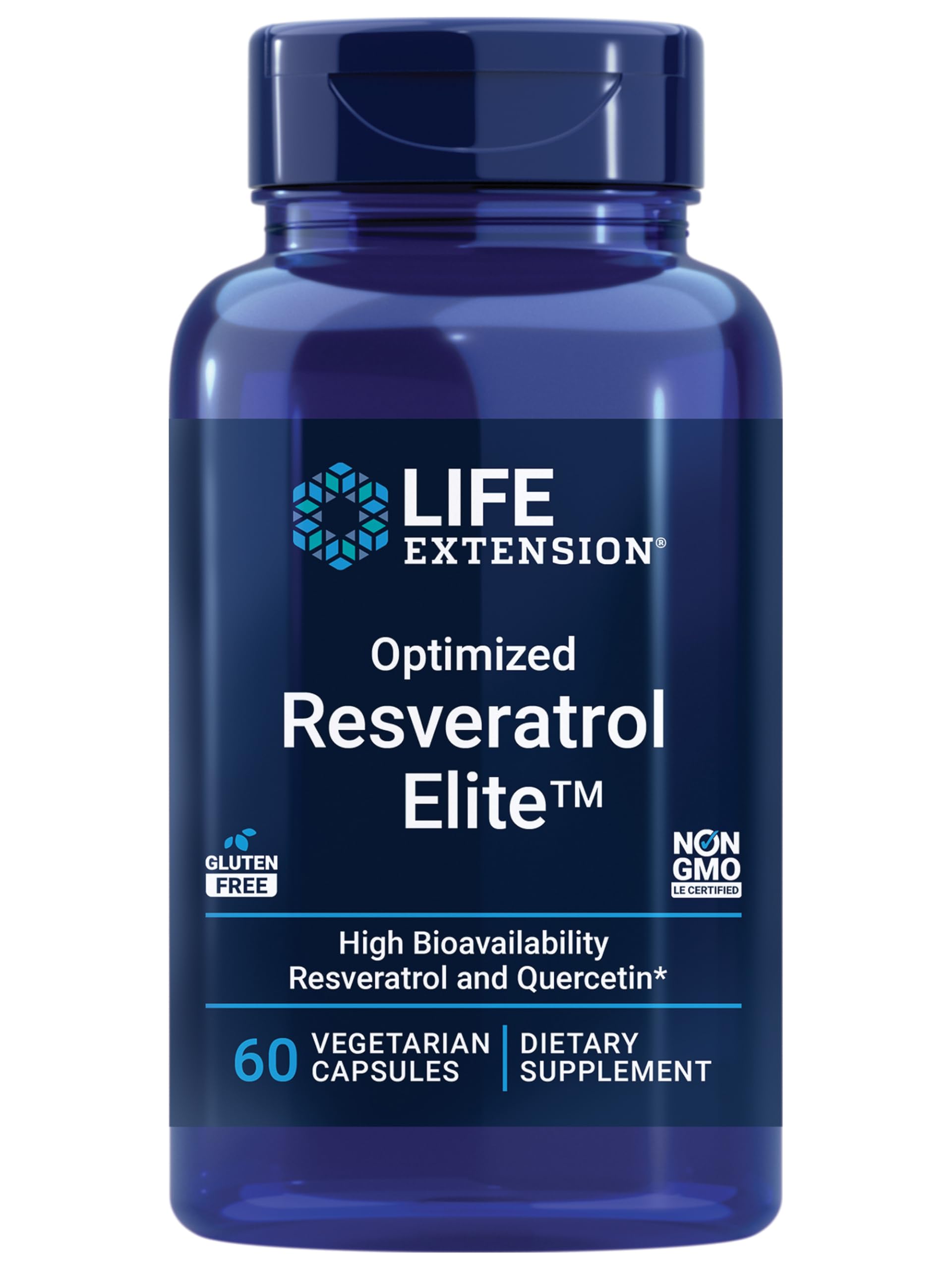 Botella Life Extension Optimizado Resveratrol Elite, apoyo a la salud cardiovascular y cerebral.