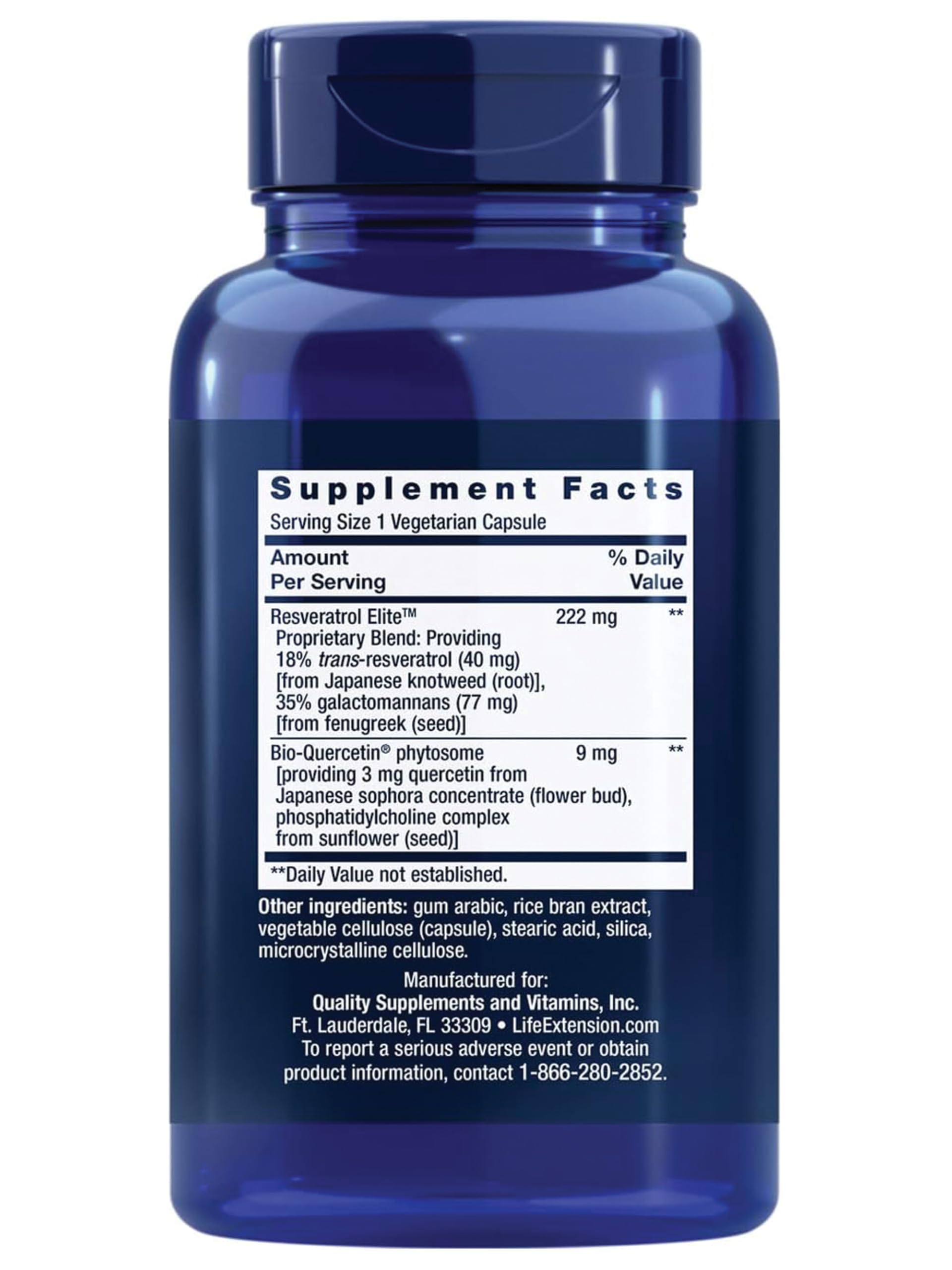Cápsulas Life Extension Optimizado Resveratrol Elite listas para uso diario.