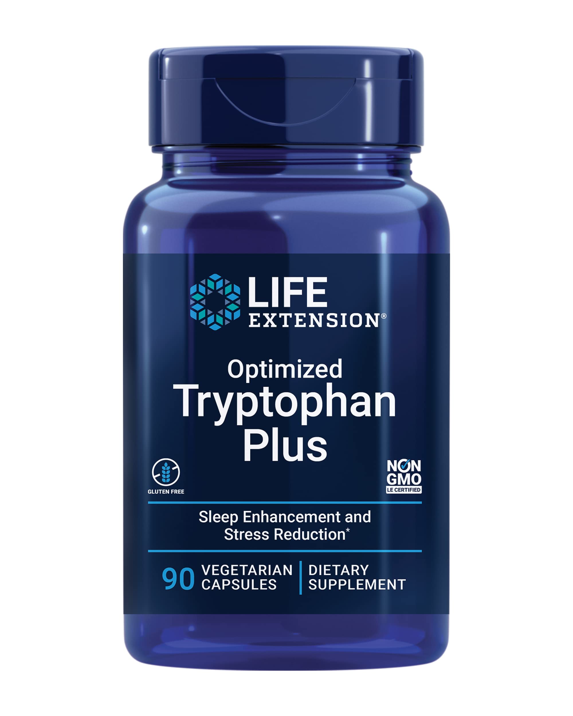 Life Extension Optimizado Triptófano Plus, botella de cápsulas para apoyar sueño y ánimo.