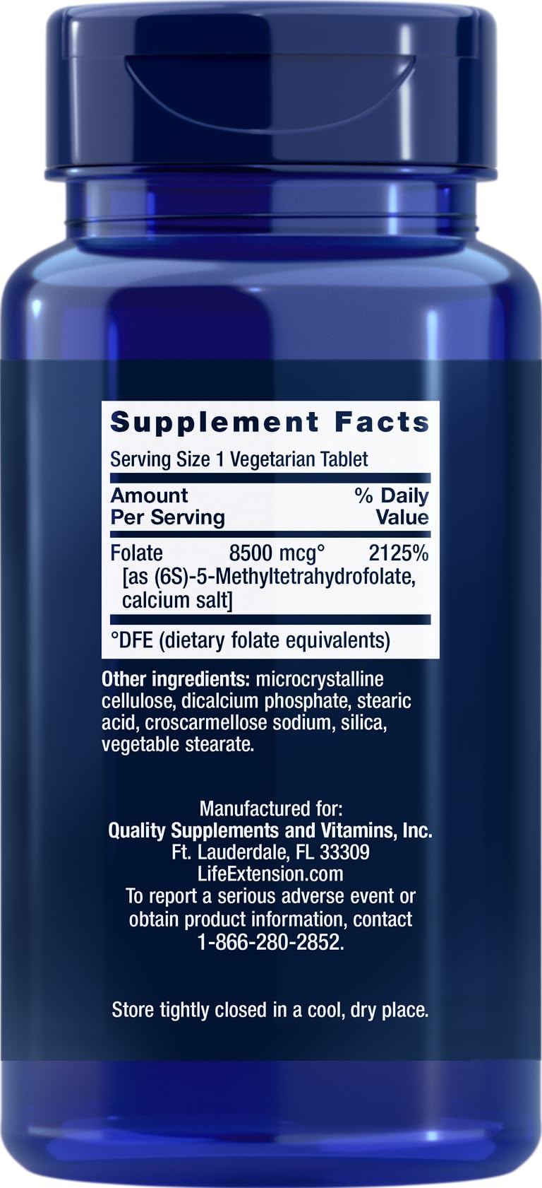 Life Extension Folato 8500 mcg DFE, paquete de 4 tabletas vegetarianas, uso diario recomendado.