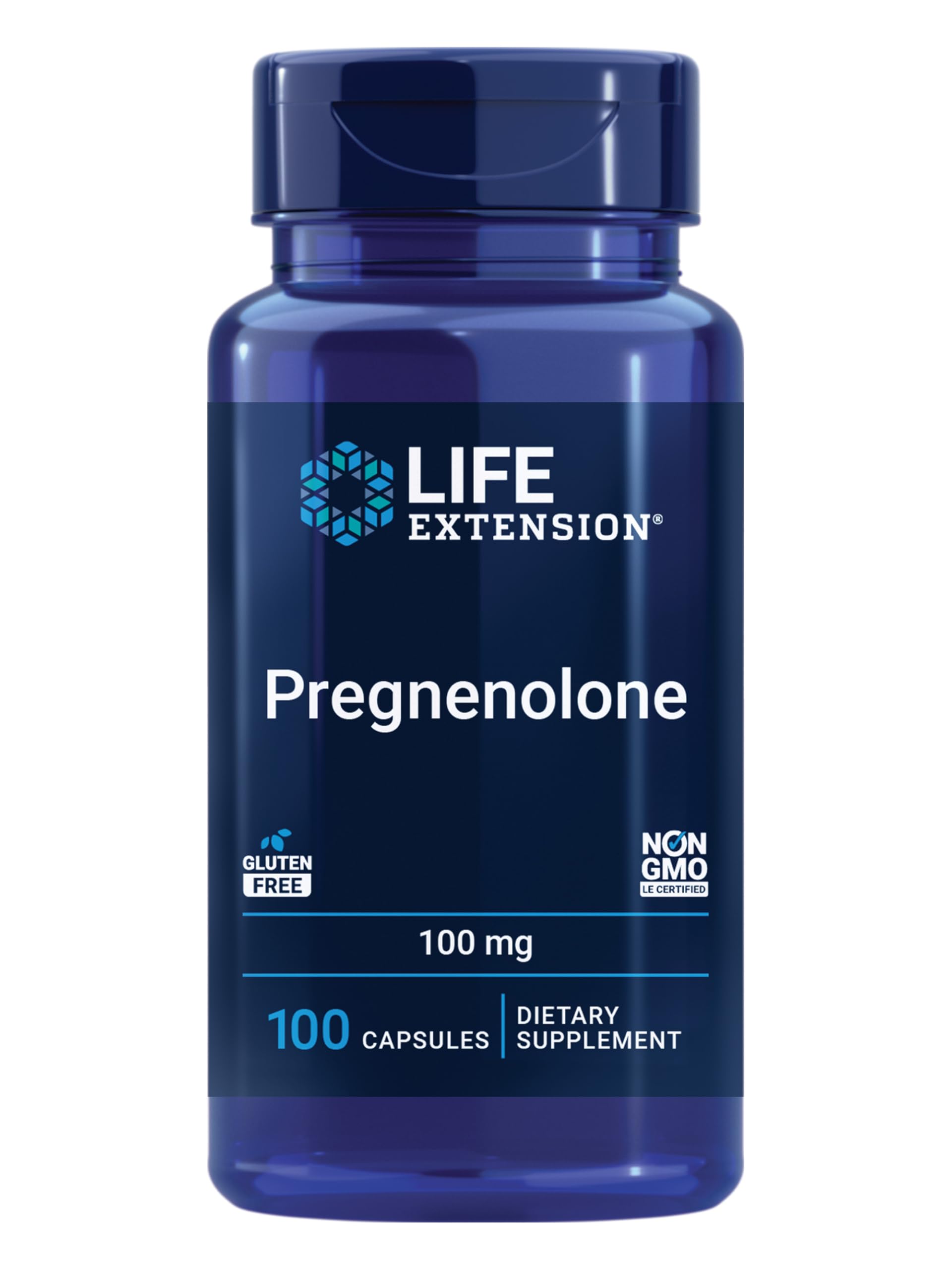 Life Extension Pregnenolona: botella con cápsulas para equilibrio hormonal diario