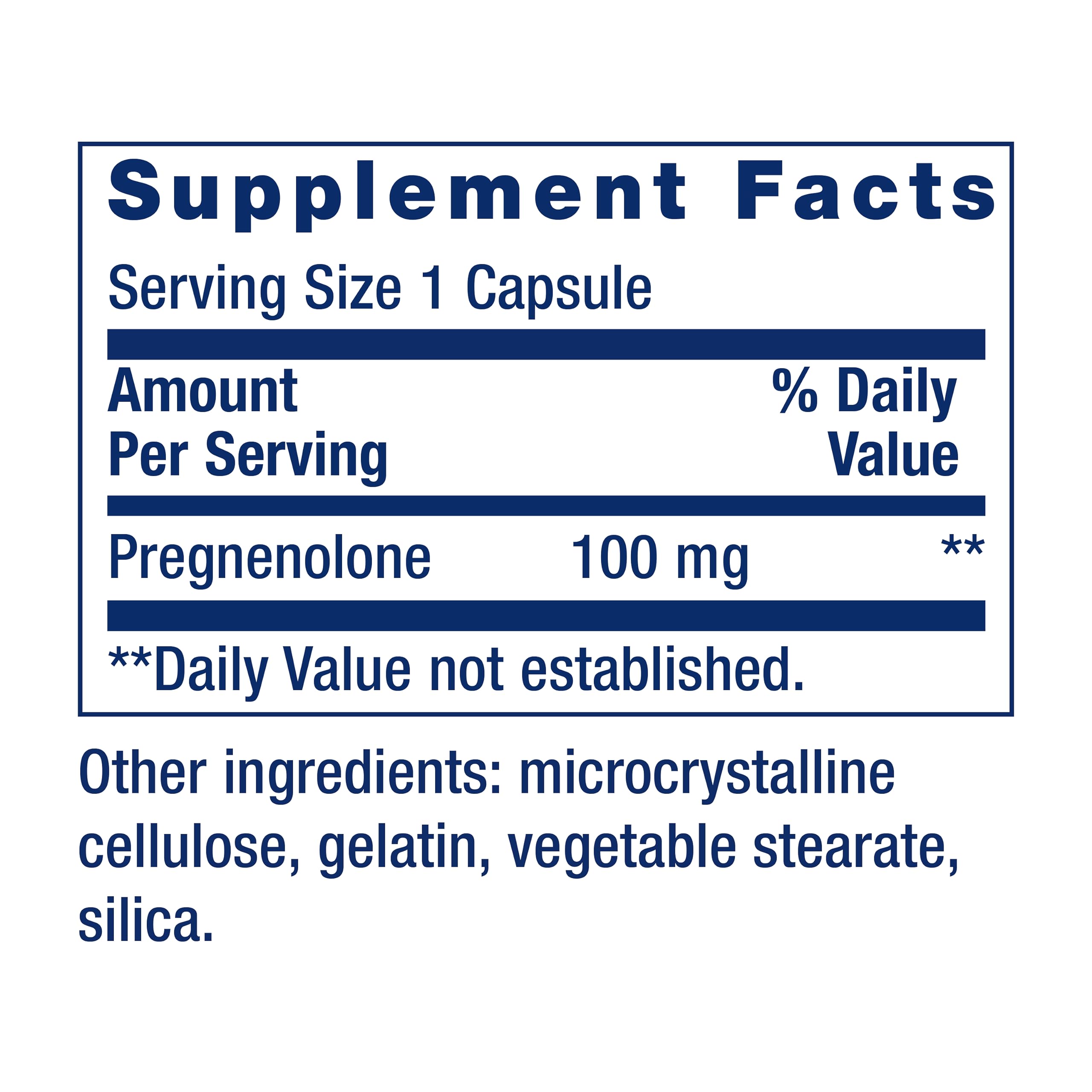 Life Extension Pregnenolona: etiqueta frontal con dosis de 100 mg