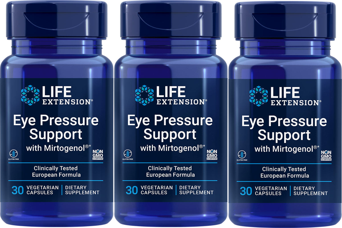 Life Extension Eye Pressure Support, botella visible, apoyo diario para la salud ocular.
