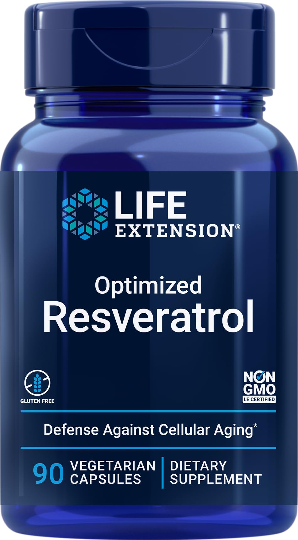 Life Extension Resveratrol, cápsulas vegetales, visual de envase para vitalidad diaria.