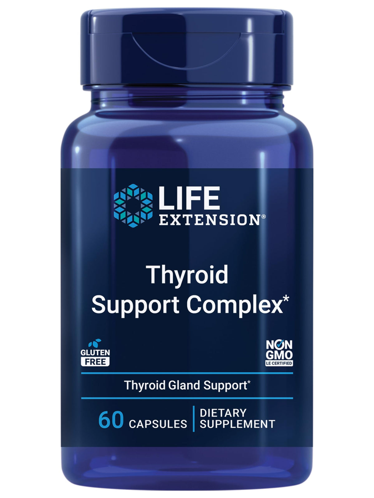 Life Extension Soporte tiroideo cápsulas, botella vista frontal para energía diaria.