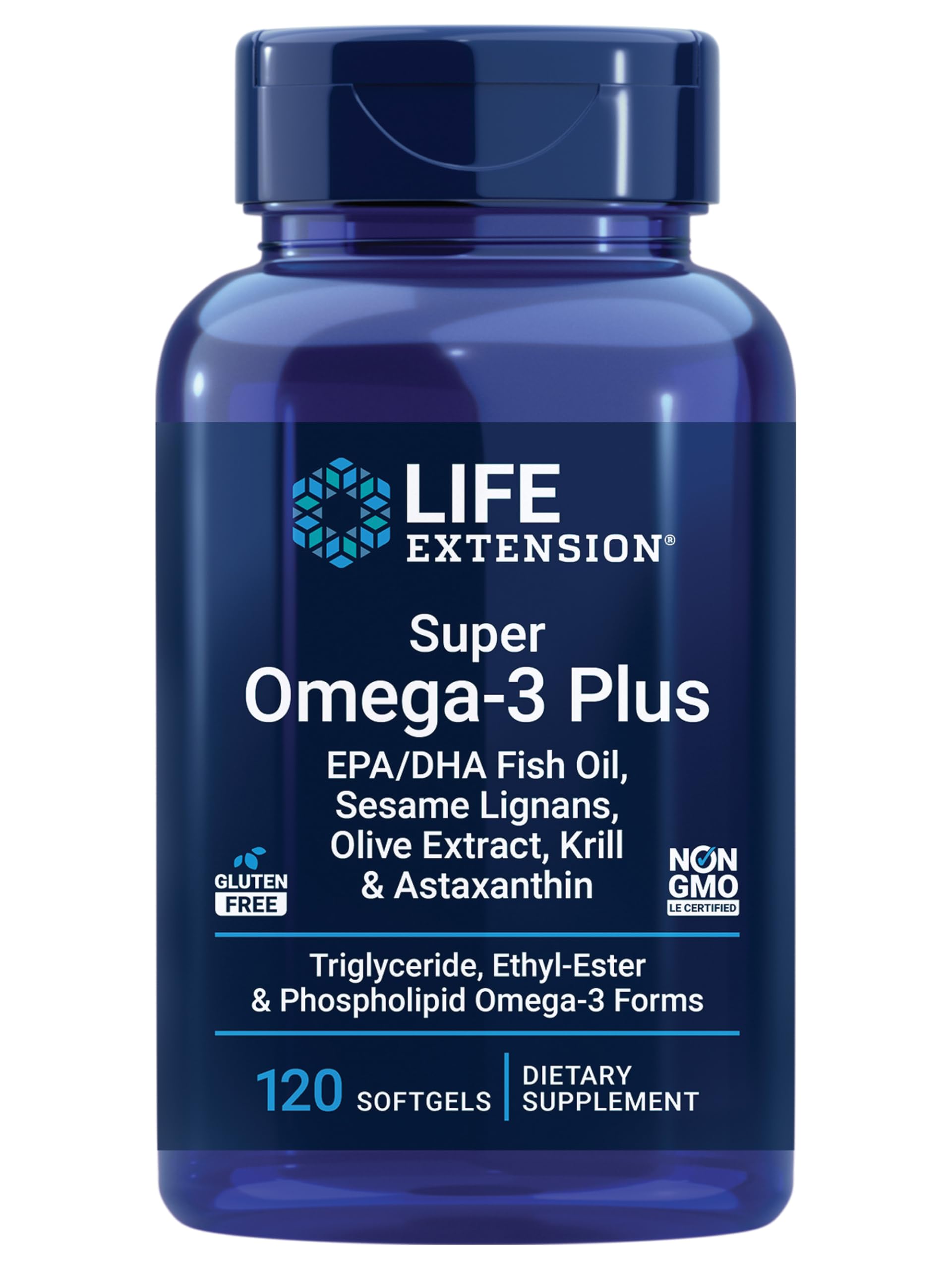 Life Extension Super Omega-3, botella: apoyo para corazón y cerebro con aceite de pescado.