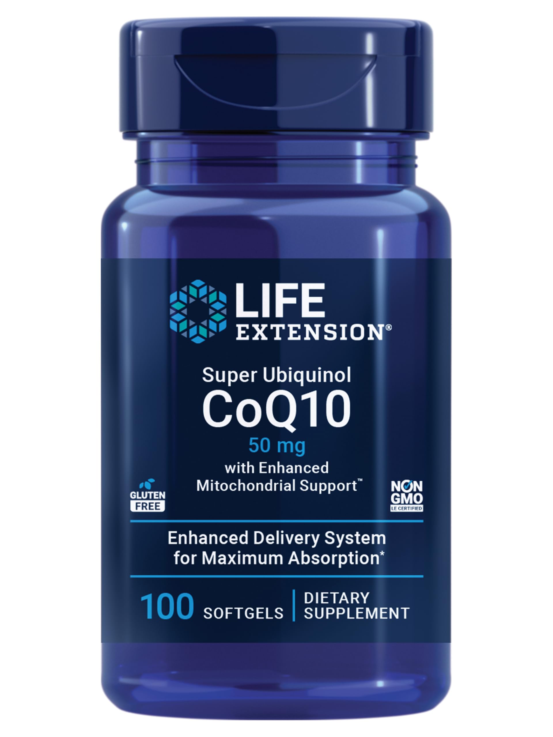 Life Extension Super Ubiquinol CoQ10: botella con cápsulas para la salud cardíaca.
