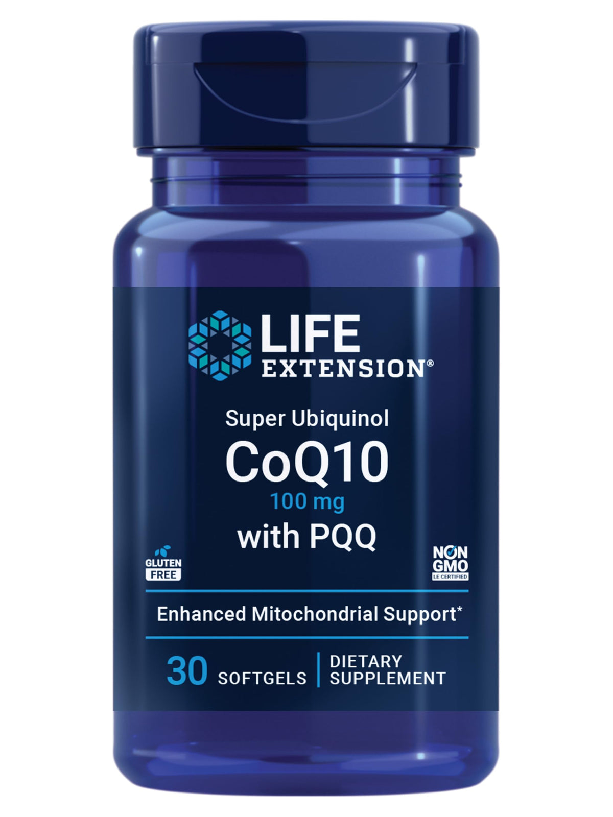 Life Extension Super Ubiquinol CoQ10 en botella, cápsulas para energía diaria.