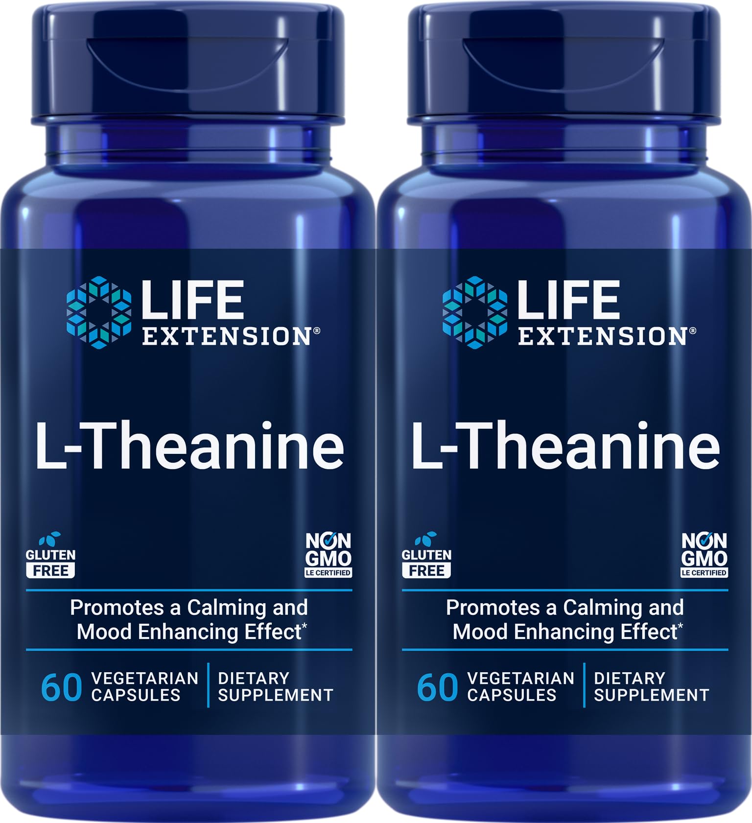 Life Extension L-Theanine cápsulas vegetariana, frontal de la botella, promueven relajación suave.