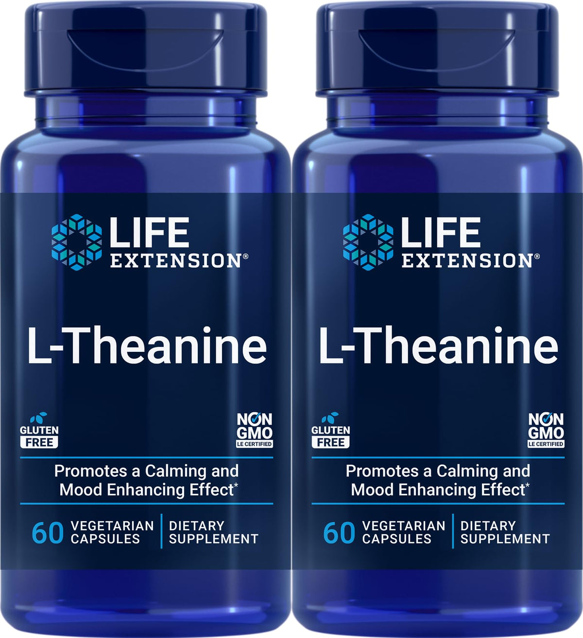 Life Extension L-Theanine cápsulas vegetariana, frontal de la botella, promueven relajación suave.