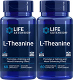 Life Extension L-Theanine cápsulas vegetariana, frontal de la botella, promueven relajación suave.