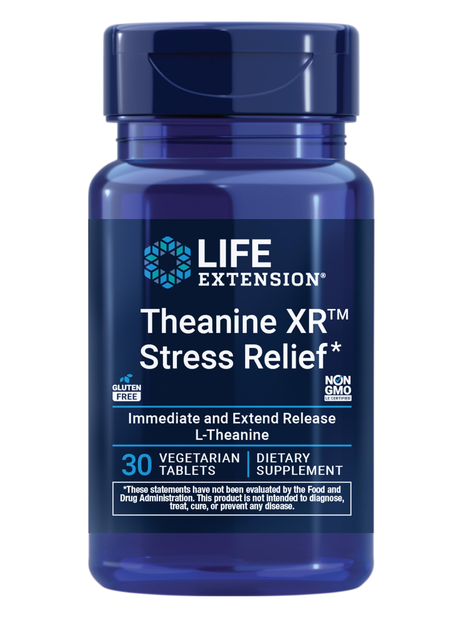 Botella Life Extension Theanine XR, calma suave para la jornada diaria.