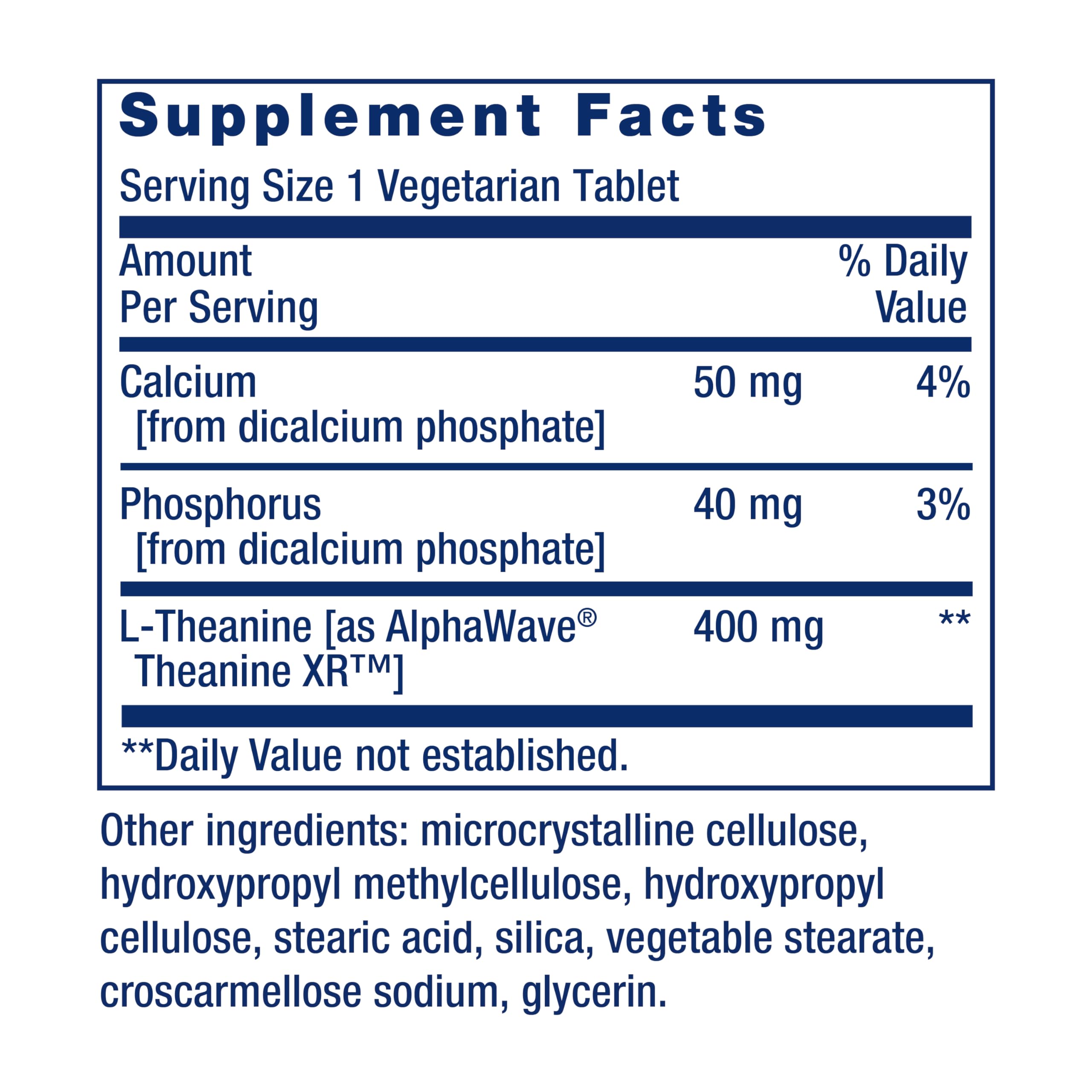 Cápsula Life Extension Theanine XR, relajación consciente sin somnolencia.