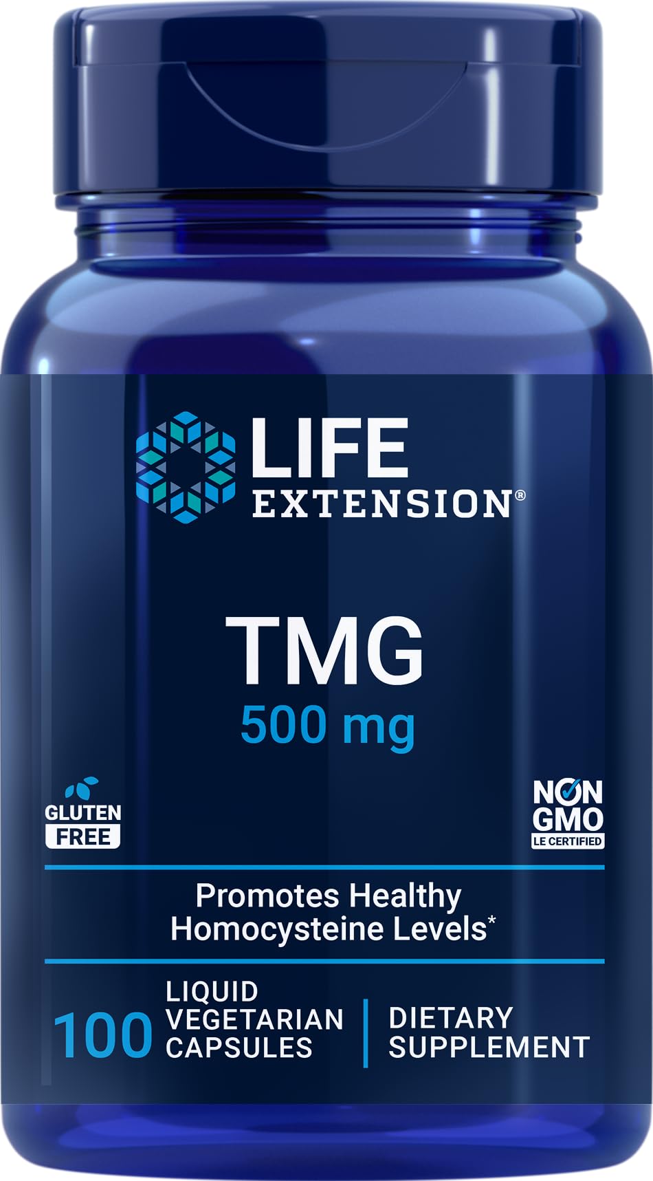 Life Extension TMG 500mg: botella con cápsulas vegetales para bienestar general.