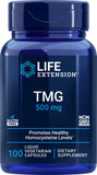 Life Extension TMG 500mg: botella con cápsulas vegetales para bienestar general.