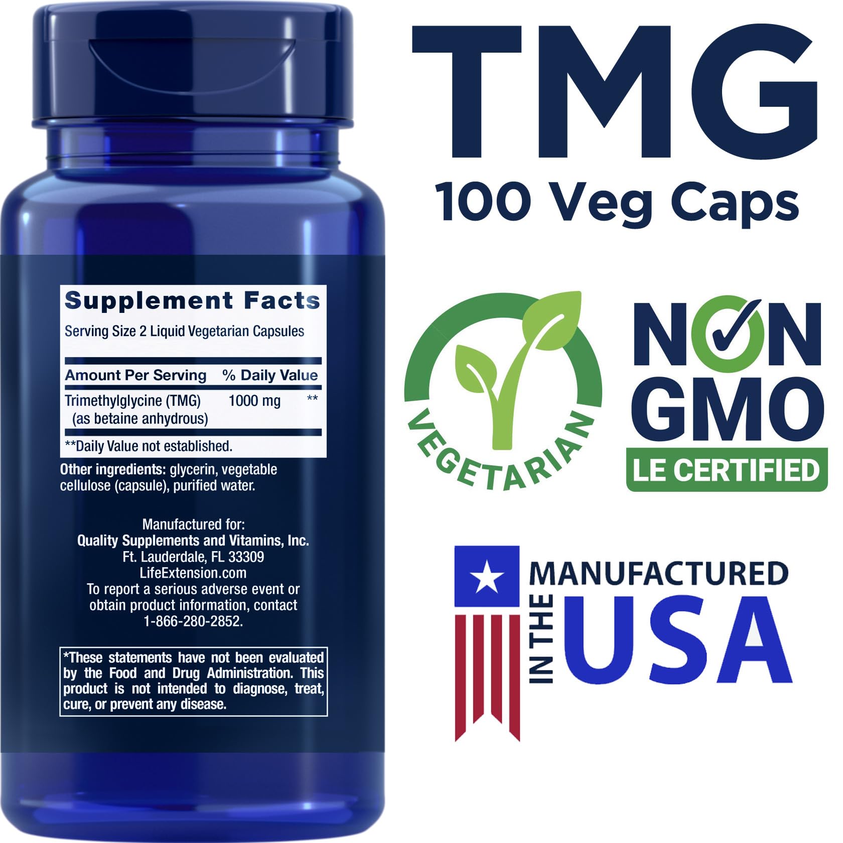 Life Extension TMG 500mg: cápsulas vegetales listas para tomar cada mañana.