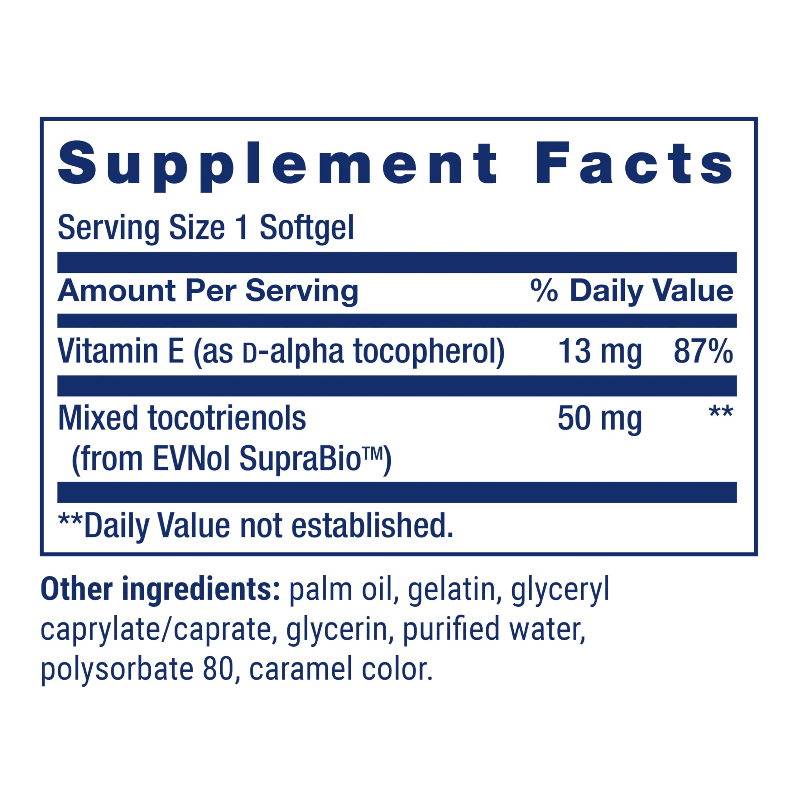 Life Extension Tocotrienoles: etiqueta del producto con ingredientes de calidad.