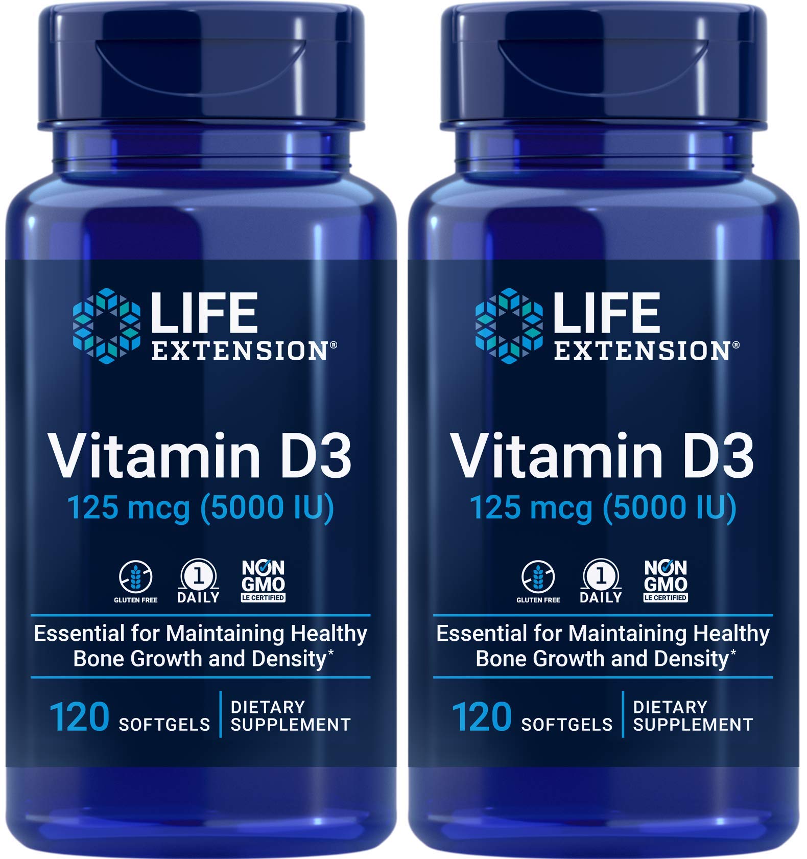 Life Extension Vitamin D3, botella de 120 cápsulas, apoya la salud ósea.
