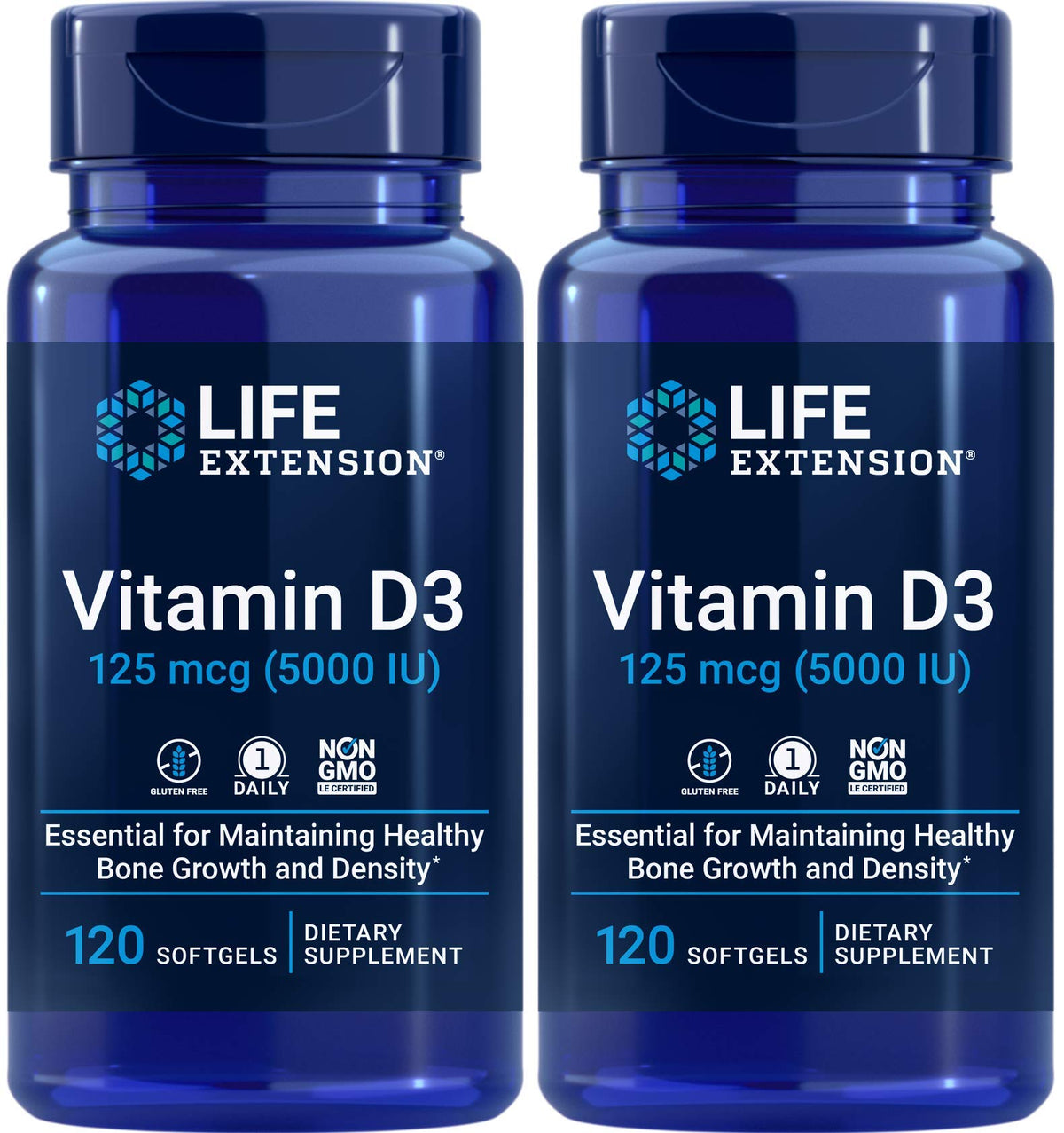 Life Extension Vitamin D3, botella de 120 cápsulas, apoya la salud ósea.