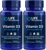 Life Extension Vitamin D3, botella de 120 cápsulas, apoya la salud ósea.
