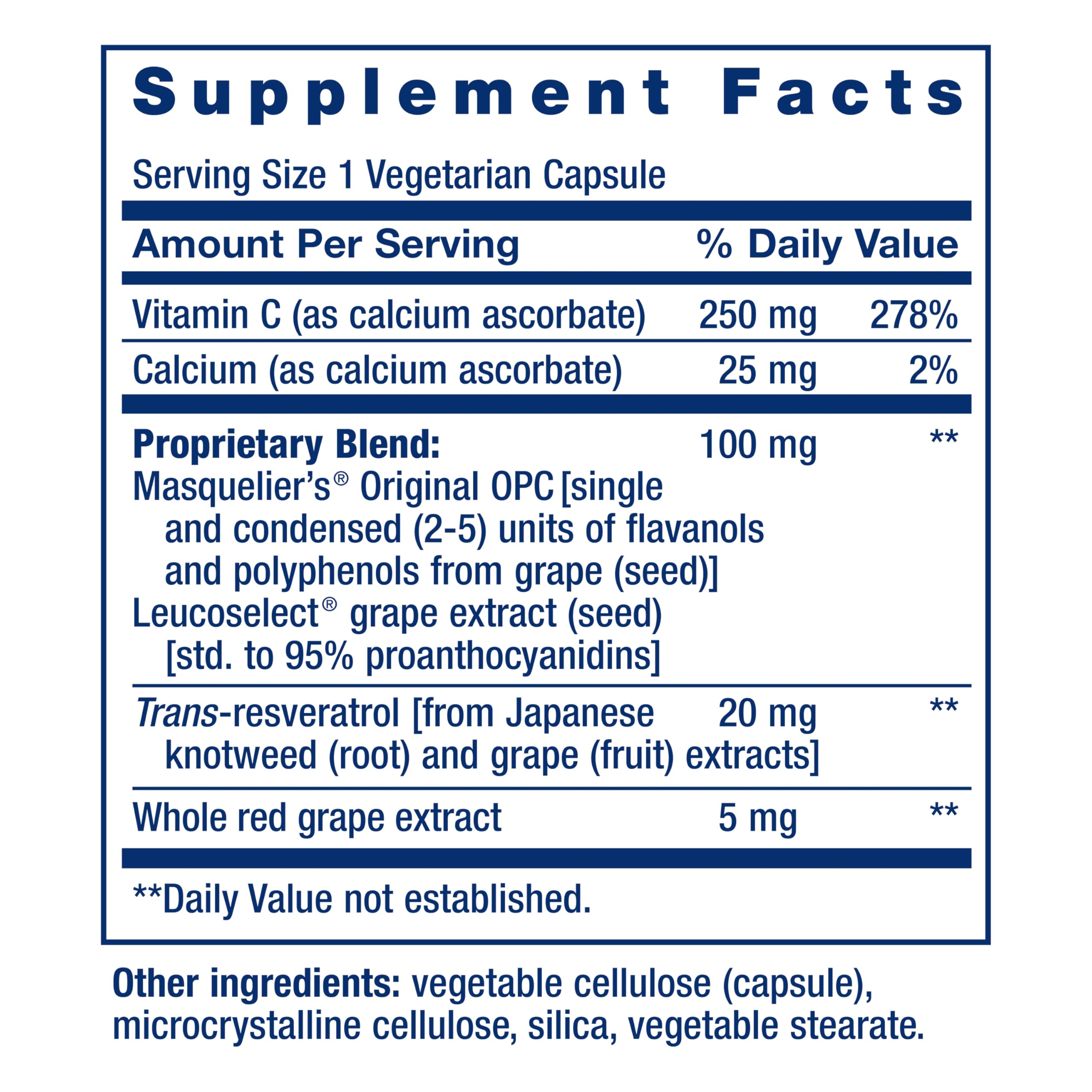 Life Extension Vitamina C, calcio y resveratrol, etiquetado claro para confianza.