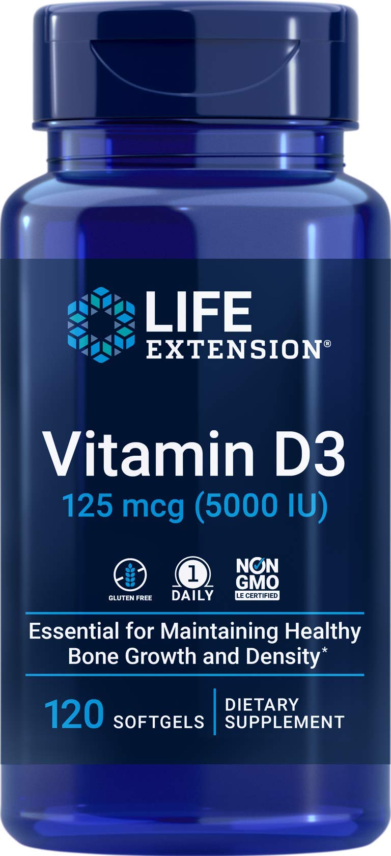 Life Extension Vitamina D3 5000 UI, botella de cápsulas suaves, posible apoyo a la salud ósea.