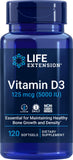 Life Extension Vitamina D3 5000 UI, botella de cápsulas suaves, posible apoyo a la salud ósea.