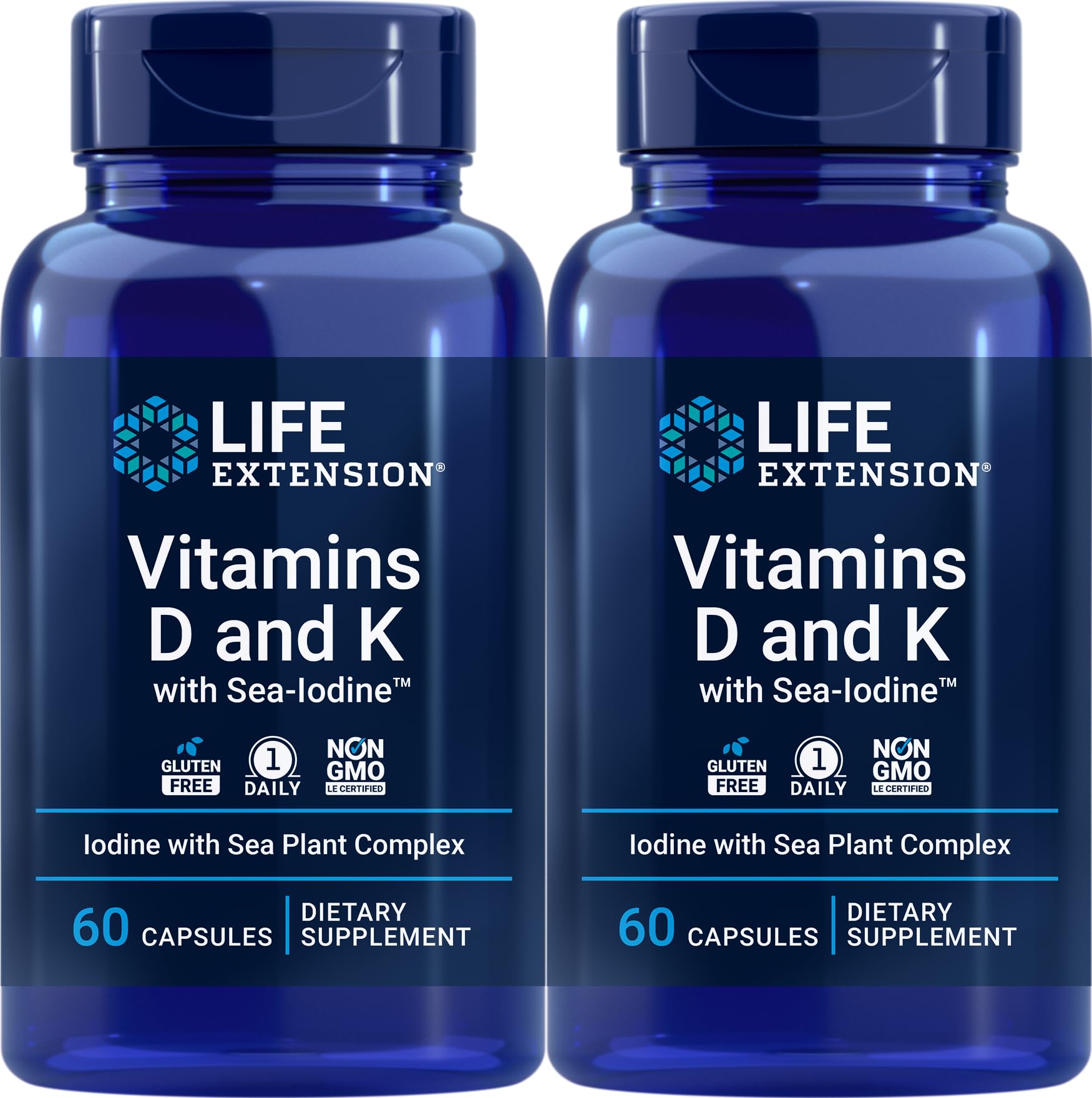 Life Extension Vitaminas D y K con yodo marino, botella para uso diario y salud ósea.