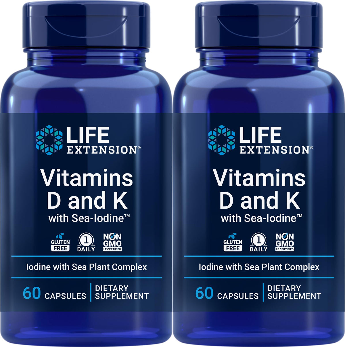 Life Extension Vitaminas D y K con yodo marino, botella para uso diario y salud ósea.