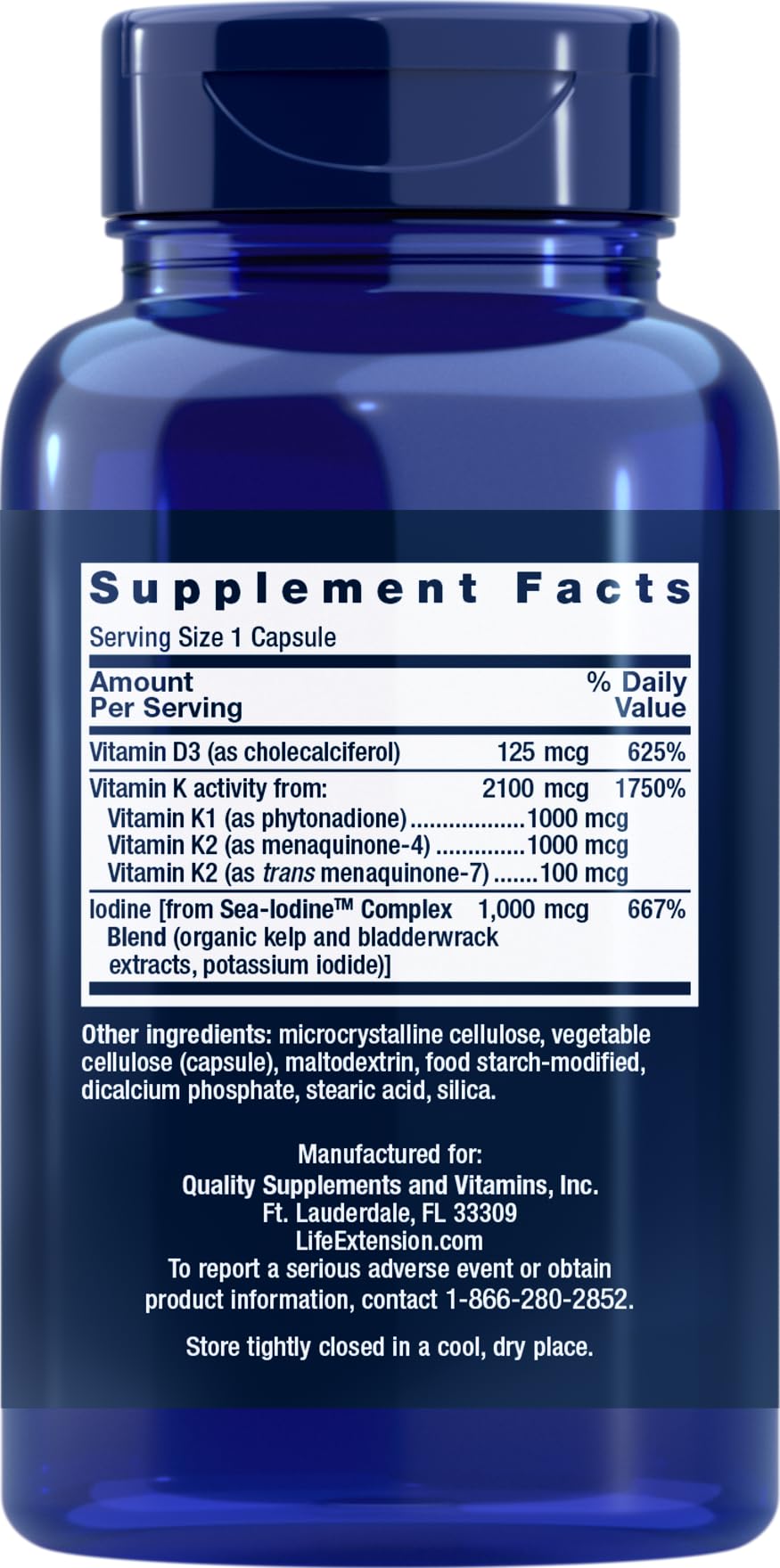 Life Extension Vitaminas D y K con yodo marino, cápsulas para soporte tiroideo y vascular.